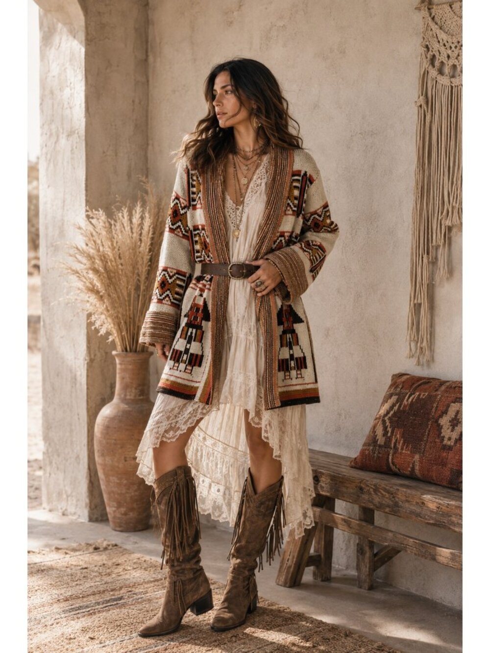Vintage 1970s BROOKS Aztec Tribal Belted Wrap Cardigan Sweater S/M